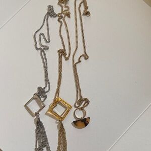 Set 3 Long Necklaces Costume Jewelry 15" Gold and Silver Tones Amber Pendant